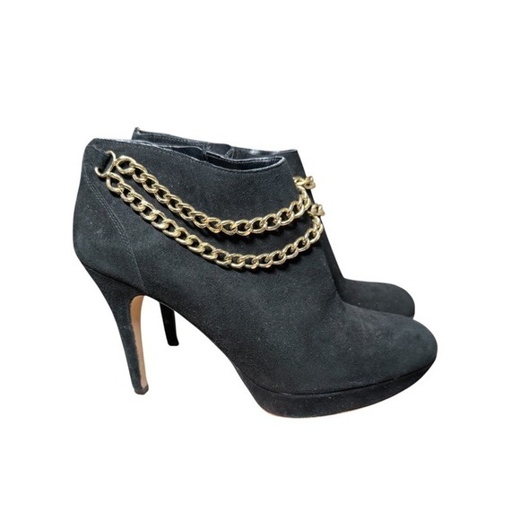 Vince Camuto Black Suede Gold Chain Detail Heeled Ankle Booties Sz 9 - Picture 1 of 9